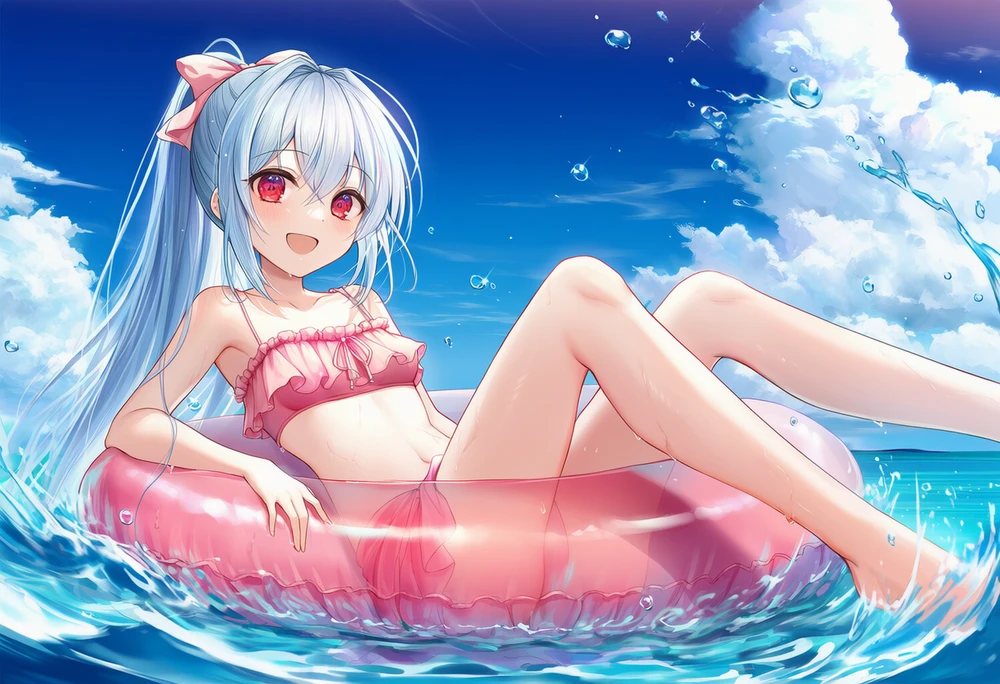 浮き輪でぷかぷか浮かぶ美少女のAIイラスト
