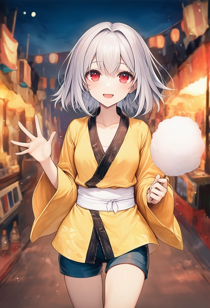 黄色のはっぴ、紺のショーパンコーデの美少女AIイラスト作例