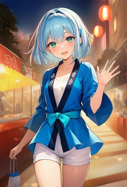 青色のはっぴ、白のショーパンコーデの美少女AIイラスト作例