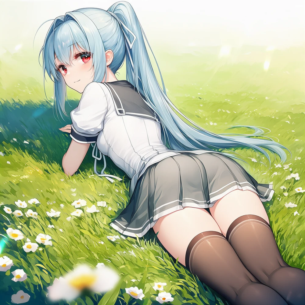 寝そべり・うつ伏せポーズの絶対領域のAI美少女イラスト|プロンプト紹介