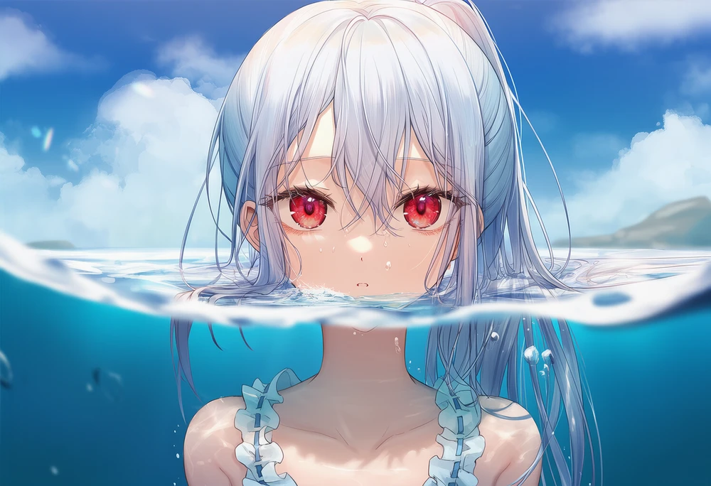 水面から顔だけを出す美少女のAIイラスト
