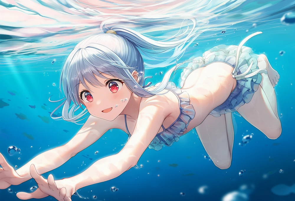 画像AIで平泳ぎを再現した美少女キャラクターイラスト