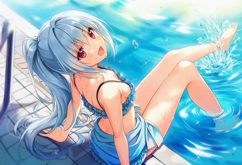 水を足でバシャバシャする(水遊び)美少女のAIイラスト
