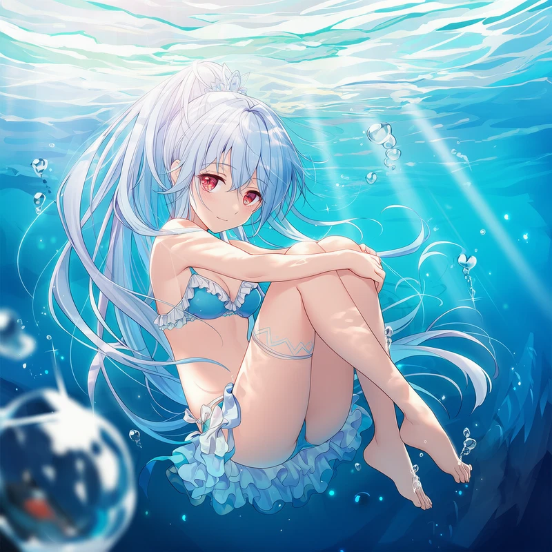 水中で丸くなる美少女のAIイラスト