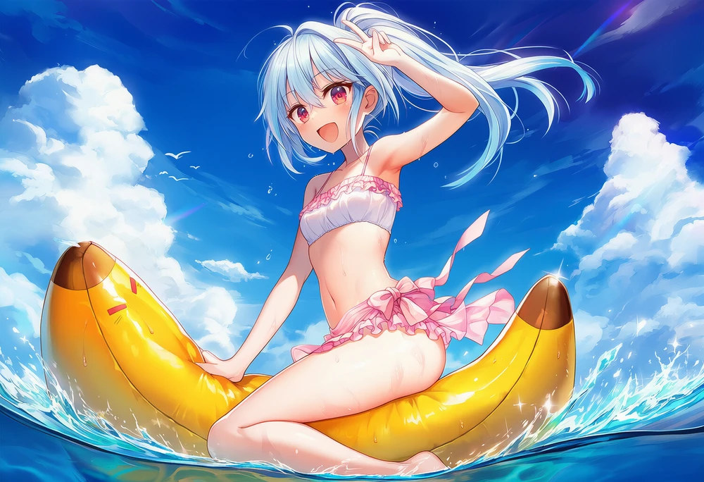 バナナボートに乗る美少女のAIイラスト