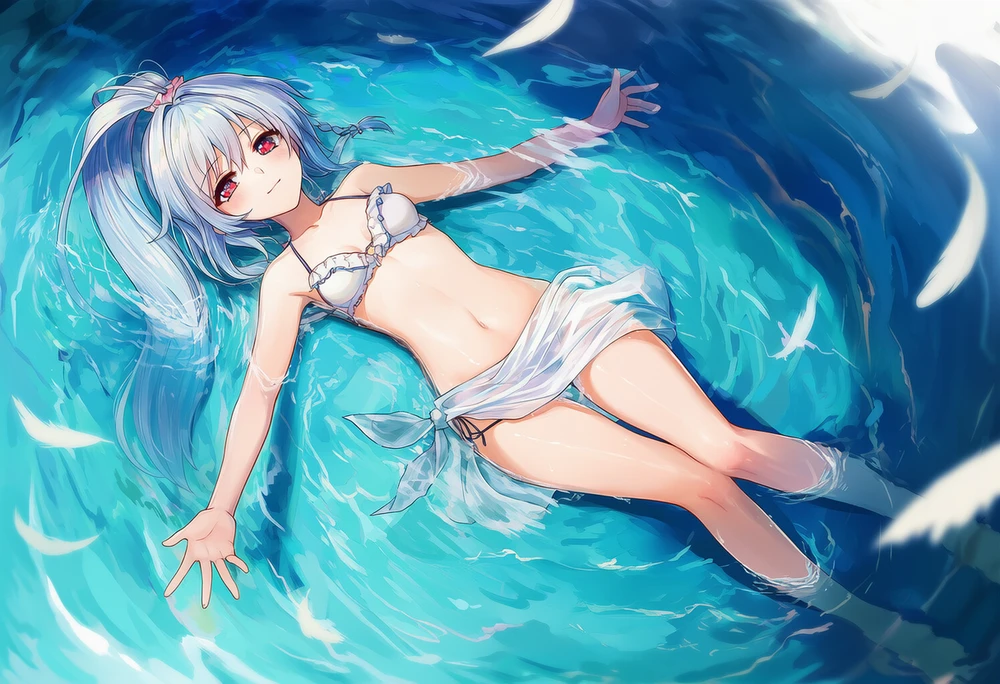 水の上に漂う・ゆらゆらと浮く美少女のAIイラスト