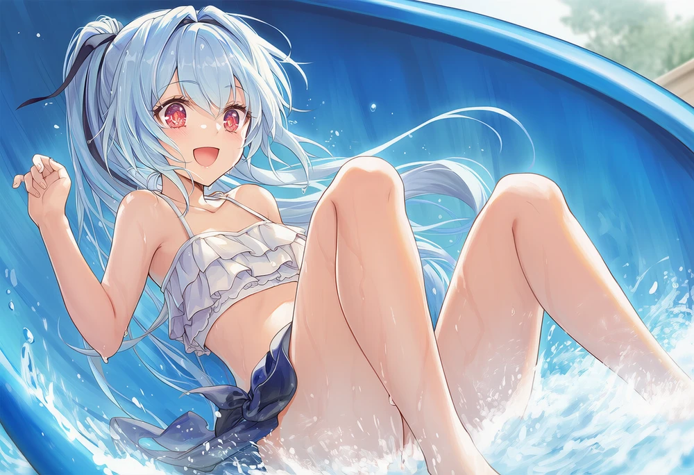 ウォータースライダーに乗る美少女のAIイラスト