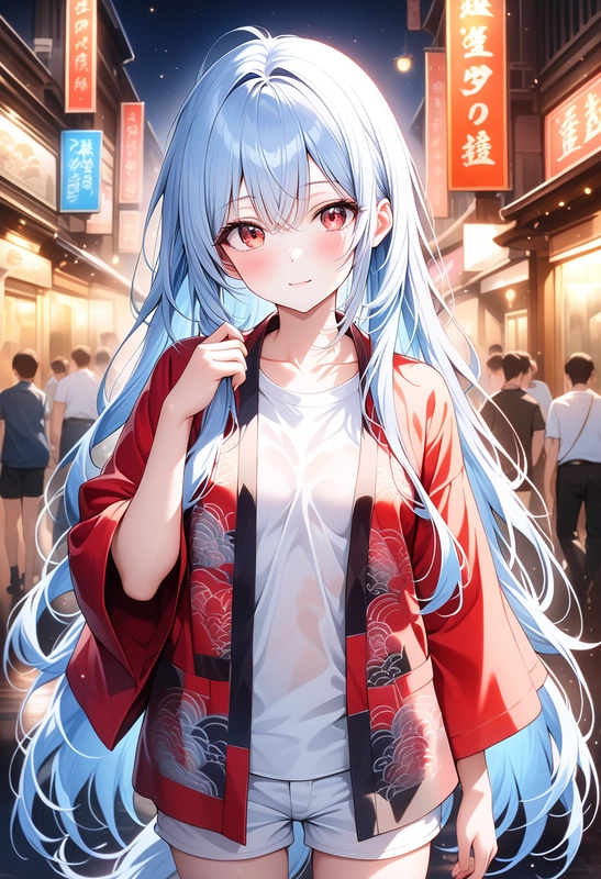 赤いはっぴを着た美少女イラスト（Stable Diffusion）作例