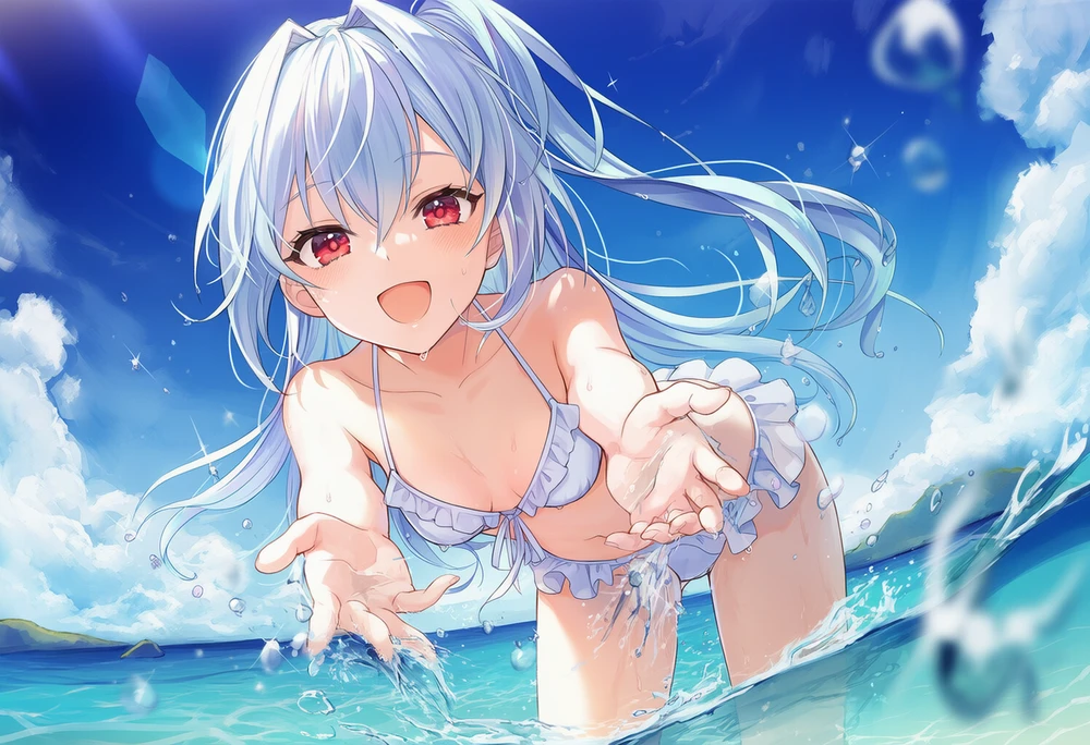 水をバシャバシャかける(水遊び)美少女のAIイラスト