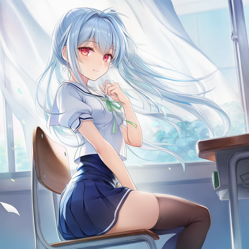 座った姿勢で見える絶対領域のAI美少女イラスト|プロンプト紹介