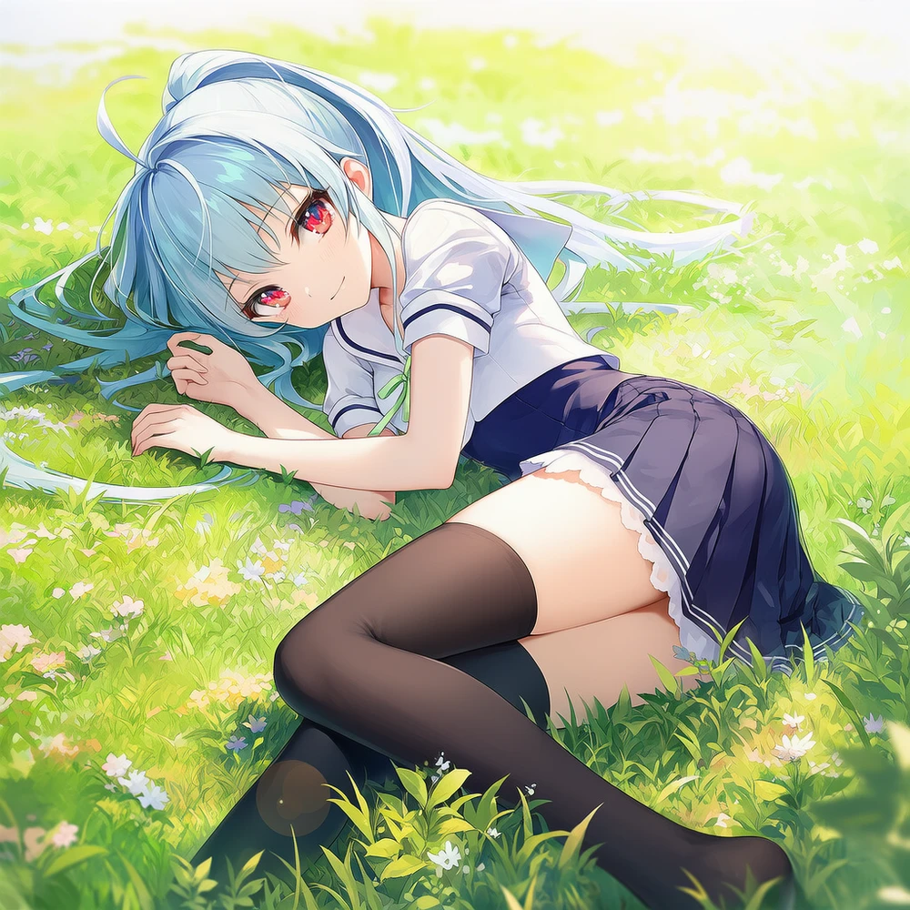寝そべり構図から見える絶対領域のAI美少女イラスト|プロンプト紹介