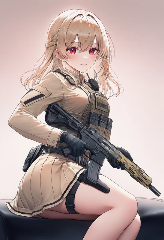 ベージュジャケットとプリーツスカートを着た美少女AIイラスト(座り姿)