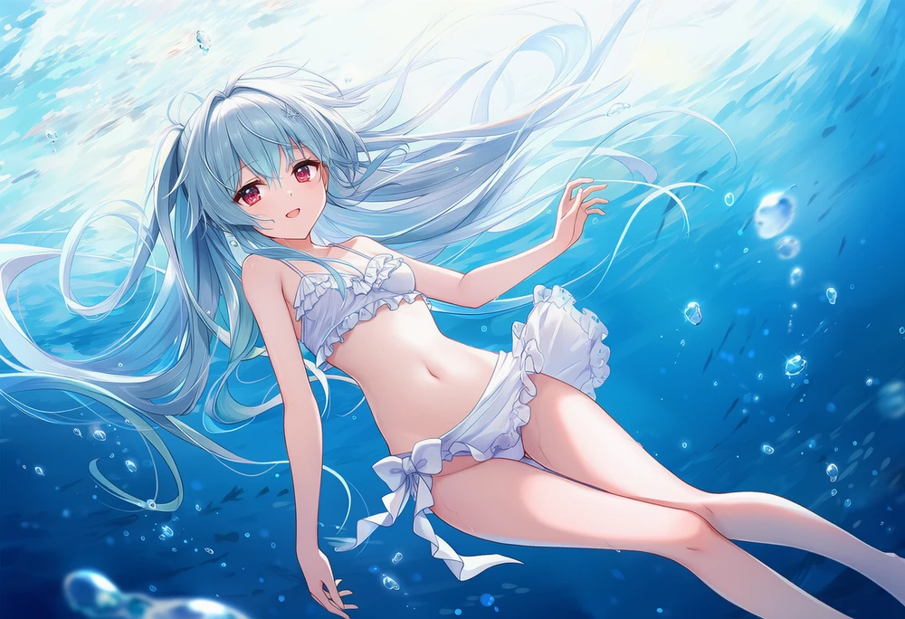 水中で漂う美少女のAIイラスト