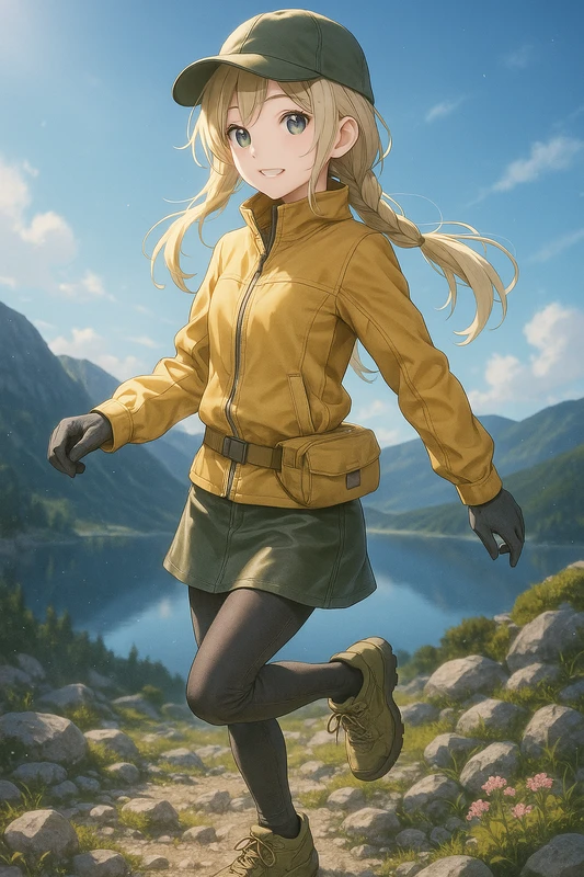 モスグリーンレザー×ライトオーカーシェル|山ガールのプロンプト紹介