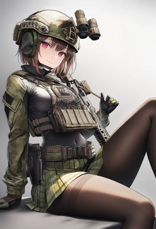 迷彩柄フル装備コンバットコーデを着た美少女AIイラスト(座り姿)
