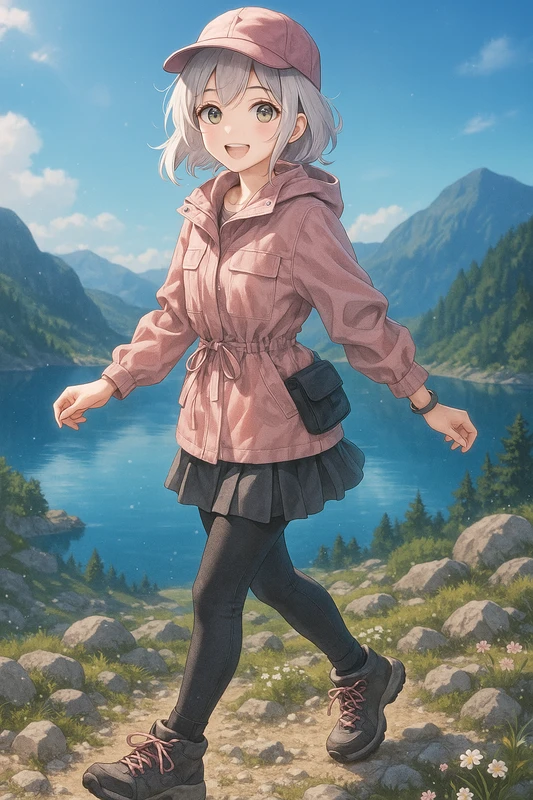 パステルピンク×プリーツスカート登山系|山ガールのプロンプト紹介