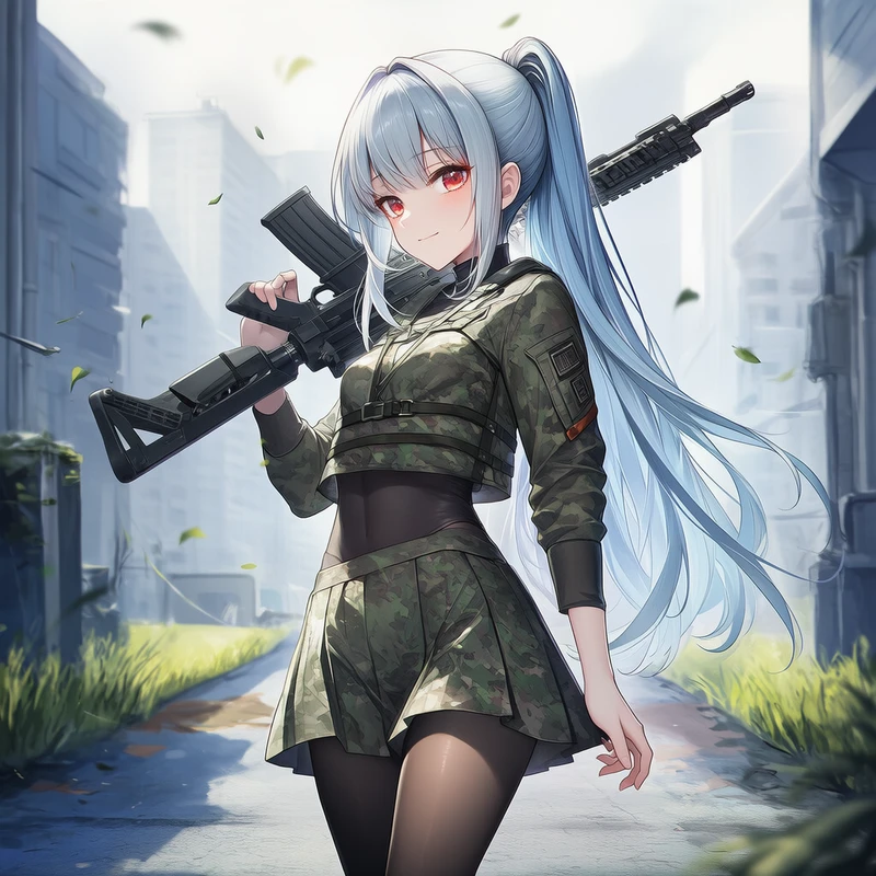 銃を肩に担ぐ美少女のAIイラスト