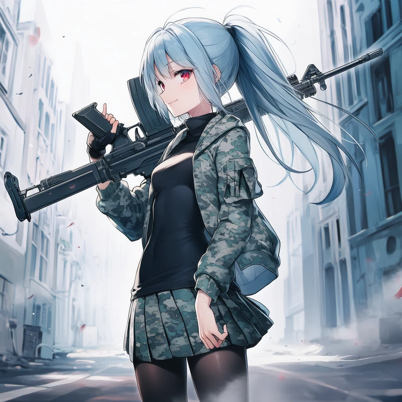 銃を肩に担ぐ美少女のAIイラスト(横アングル)