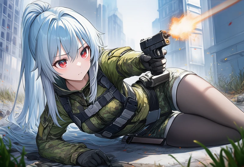 横向きに寝ながら銃を撃つ美少女のAIイラスト