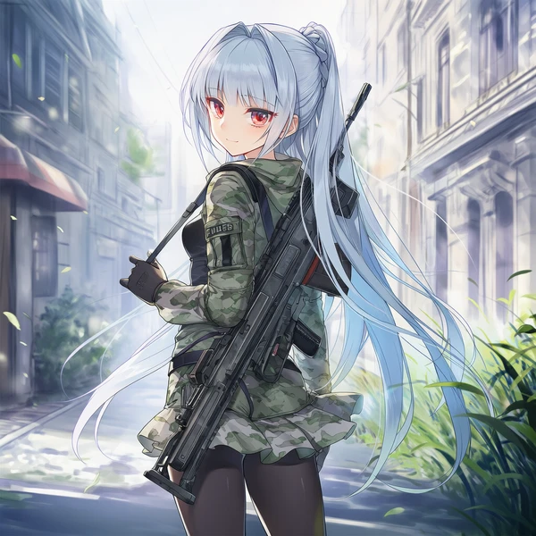 銃を背負う美少女のAIイラスト(後ろ姿)
