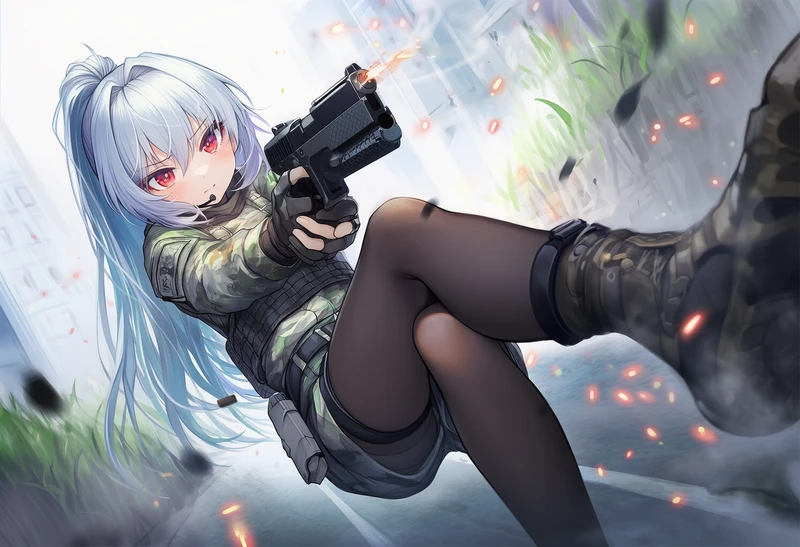 後ろに飛び下がりながら銃を撃つ美少女のAIイラスト