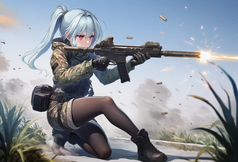 片膝を立ててしゃがみ撃ちをする美少女のAIイラスト