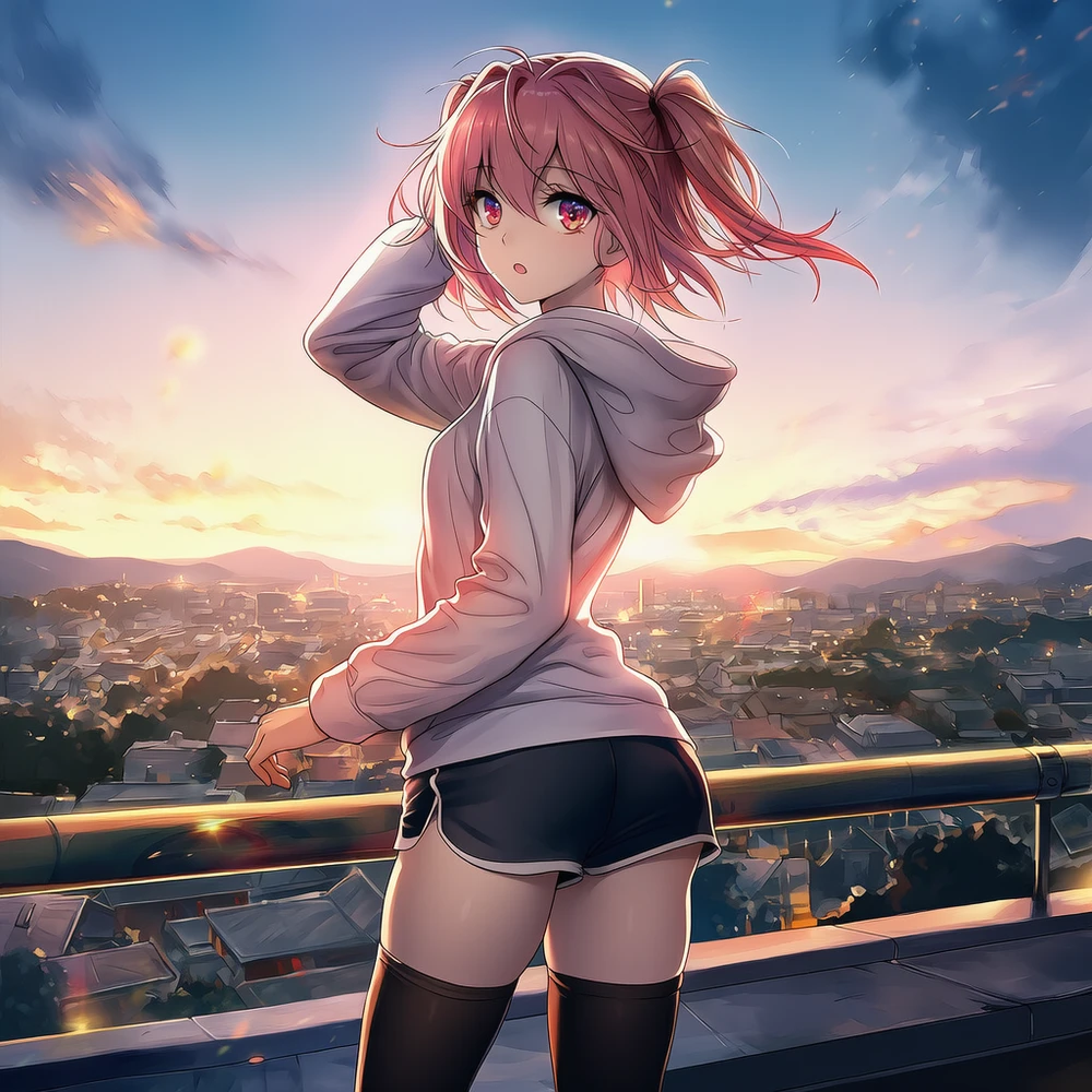 パーカー、ショートパンツと絶対領域のAI美少女イラスト|プロンプト紹介