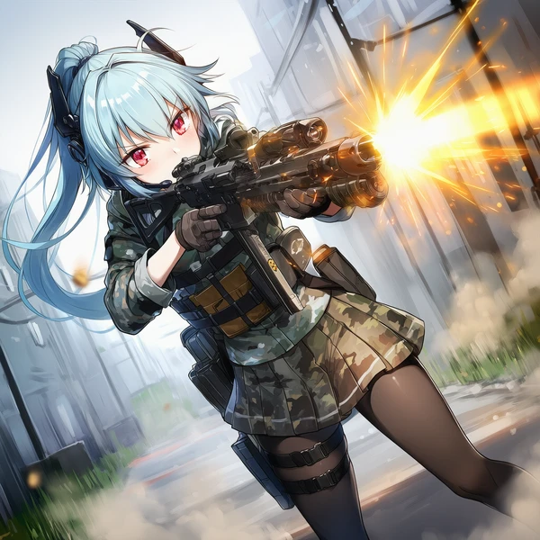 銃を撃ち、火花や閃光が描写されたAIイラスト