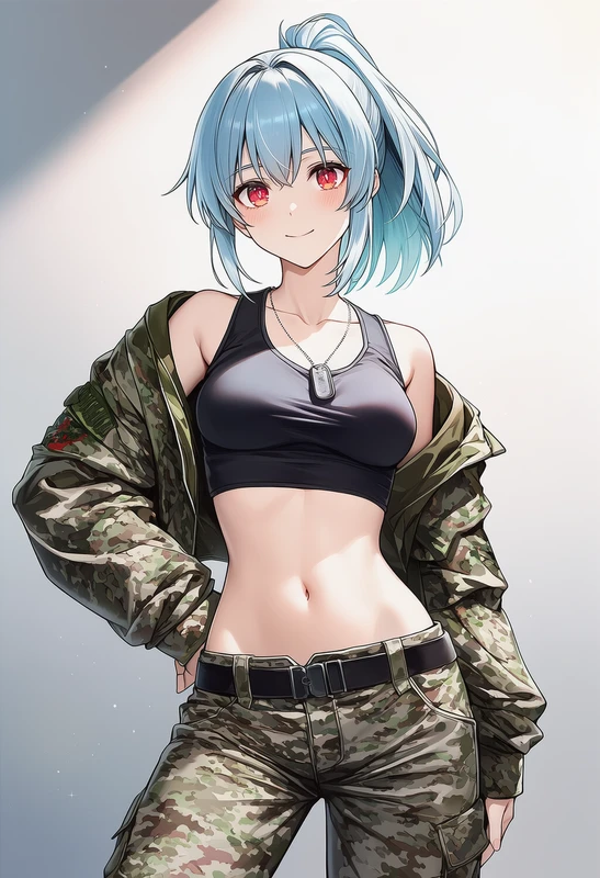 迷彩柄の戦闘服のクロップトップアレンジのAIイラスト