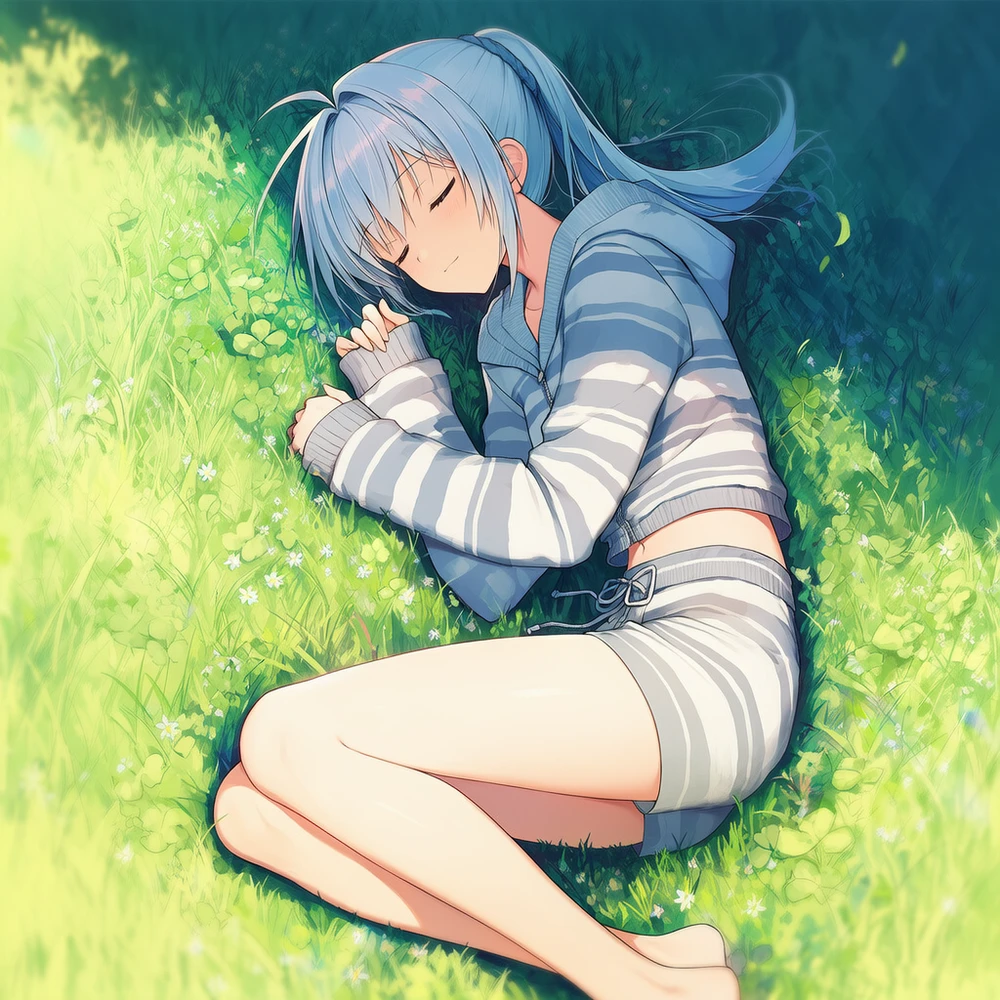 丸まって寝るAI美少女イラスト|プロンプト紹介