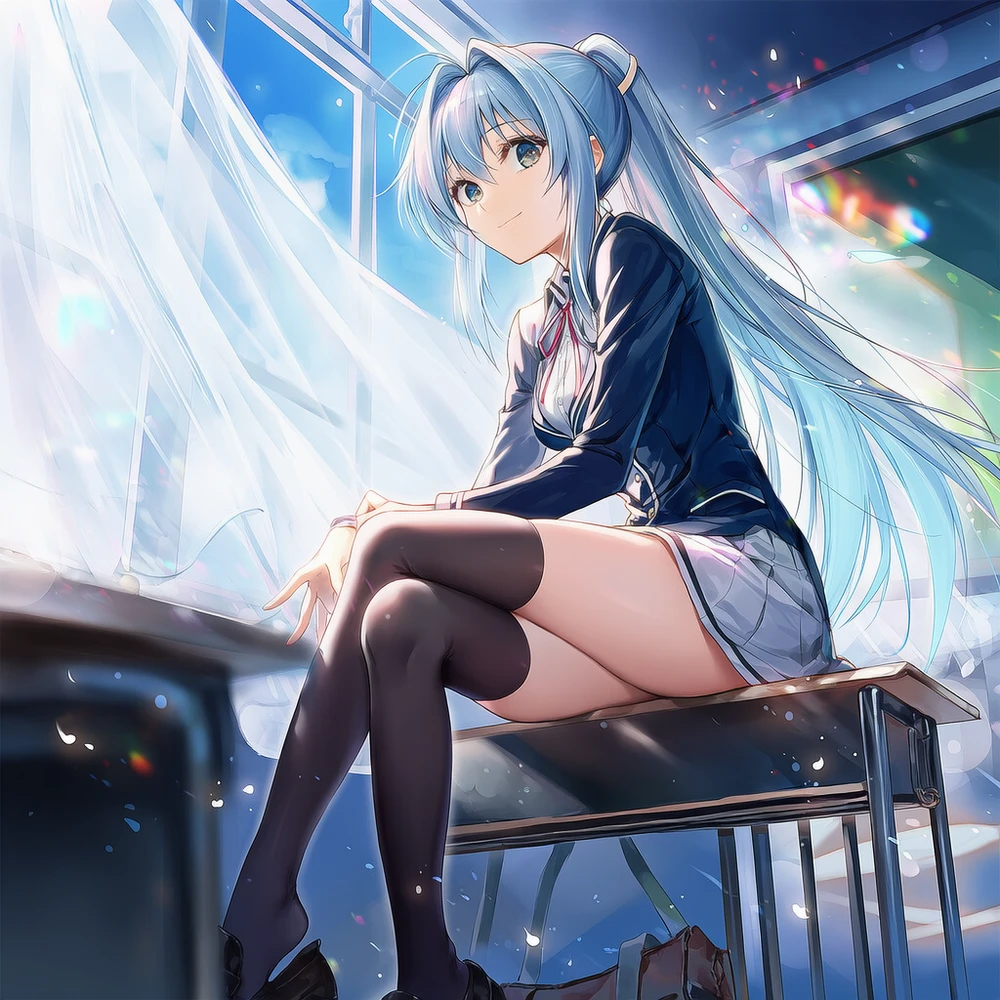 ブレザー制服、ミニスカートと絶対領域のAI美少女イラスト|プロンプト紹介