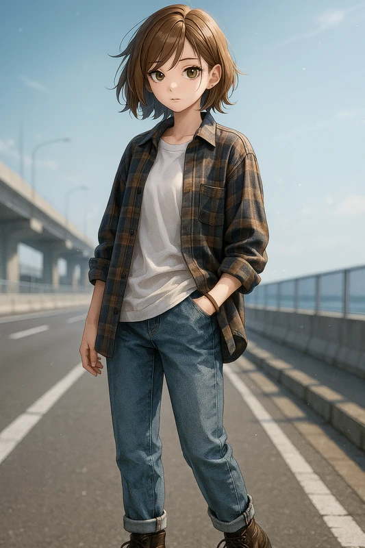 ヴィンテージカジュアル|イケメン女子のAIイラスト作例(パンツスタイル)