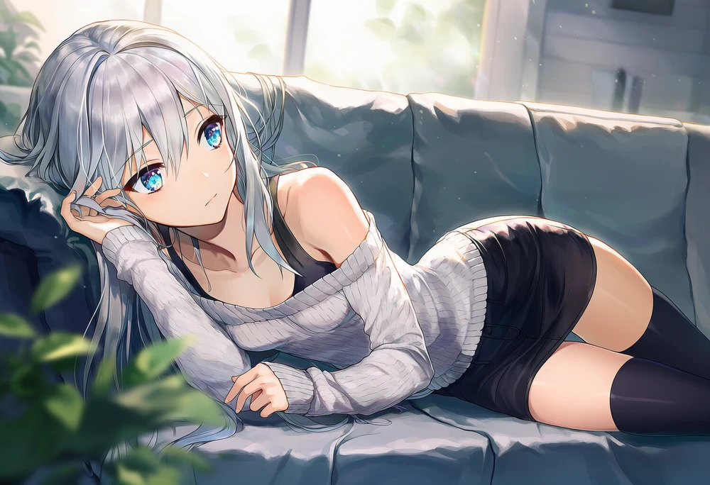 ニットセーター、台形スカートと絶対領域のAI美少女イラスト|プロンプト紹介