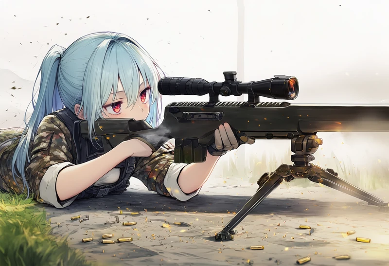 うつ伏せで銃を撃つ美少女のAIイラスト