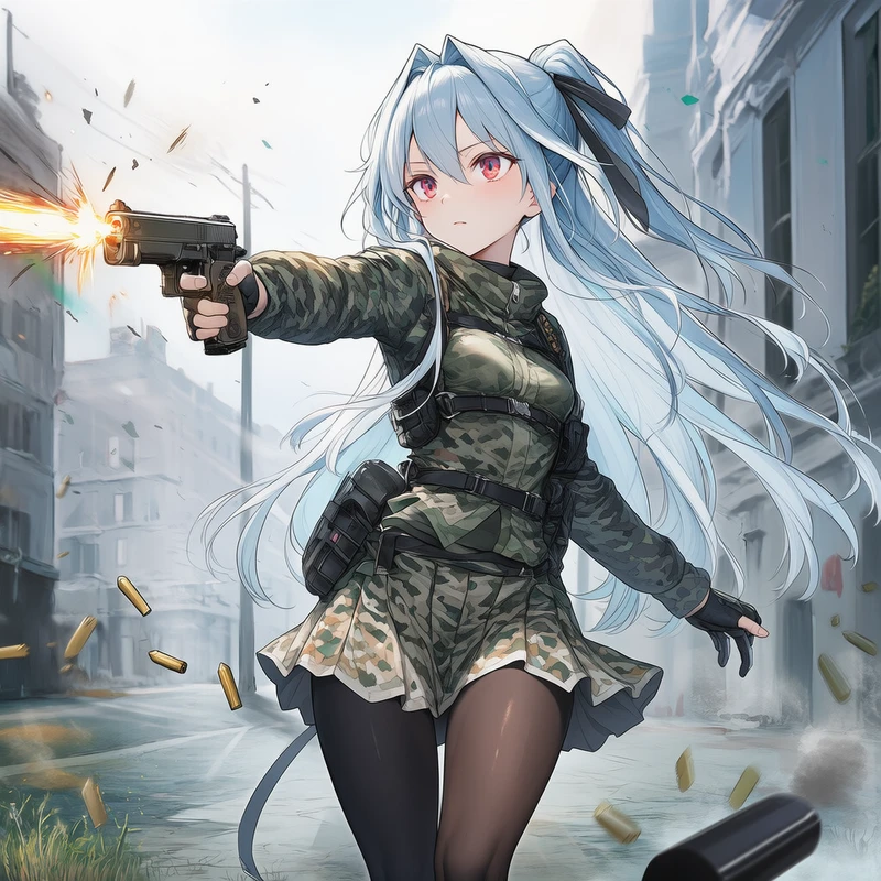 片手で銃を撃つポーズの美少女AIイラスト