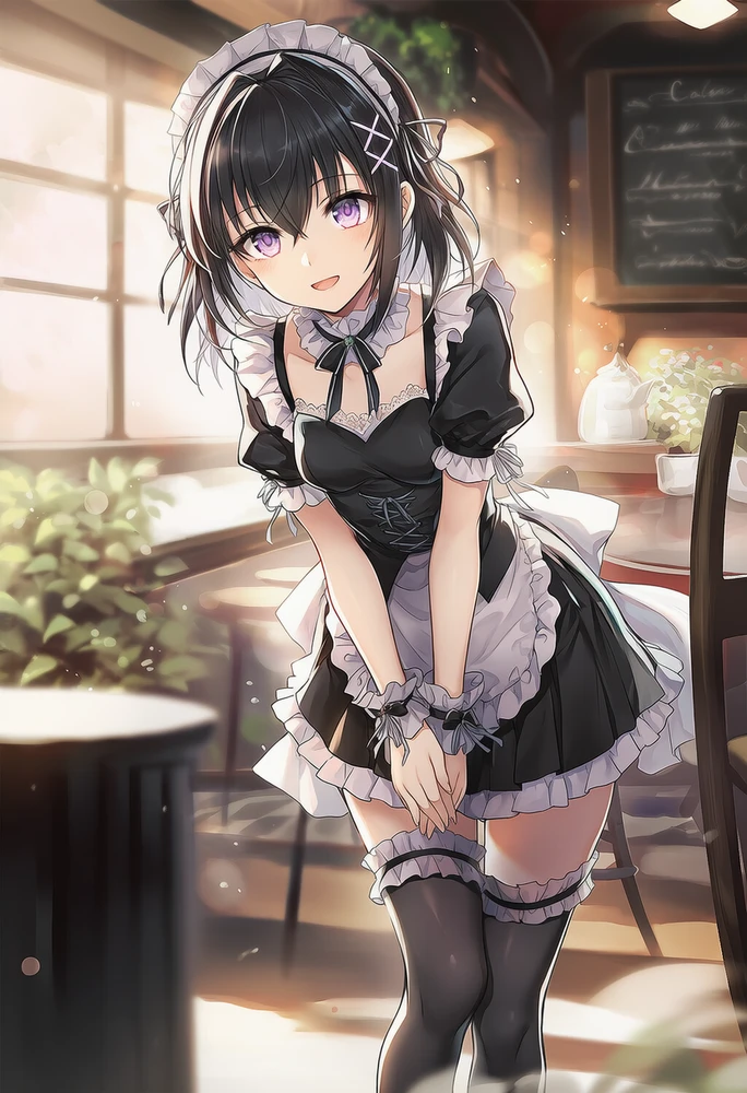 メイド服、フリルスカートと絶対領域のAI美少女イラスト|プロンプト紹介