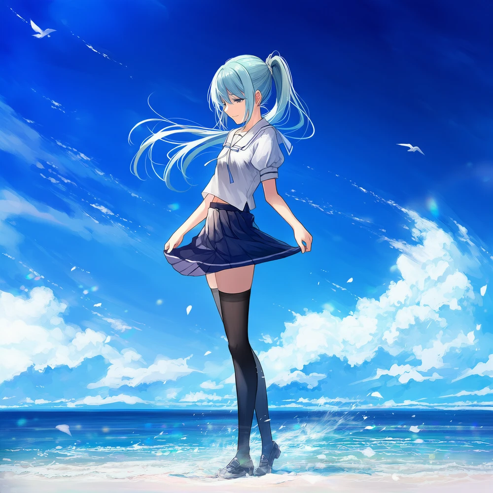 セーラー服、プリーツスカートと絶対領域のAI美少女イラスト|プロンプト紹介