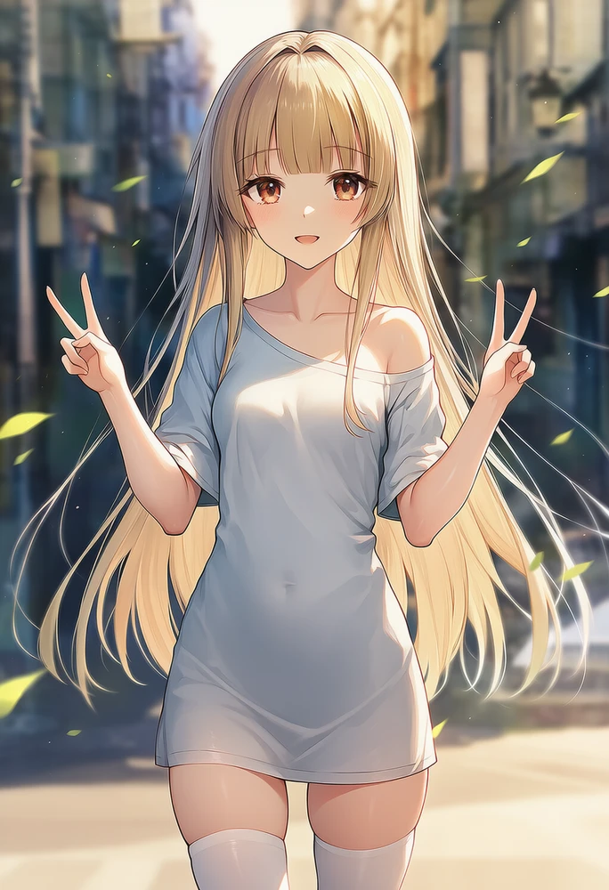 ロングTシャツにニーハイソックスの絶対領域のAI美少女イラスト|プロンプト紹介