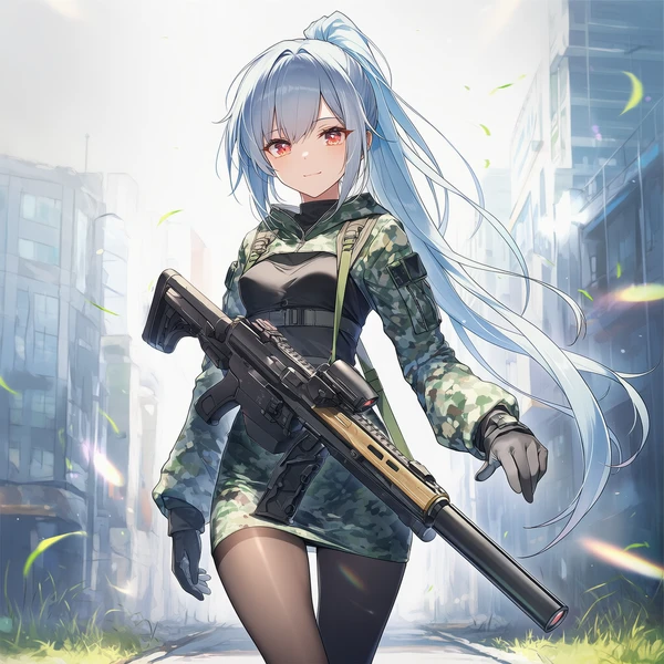 タクティカルスリングで銃を携行する美少女のAIイラスト(ハンズフリー)