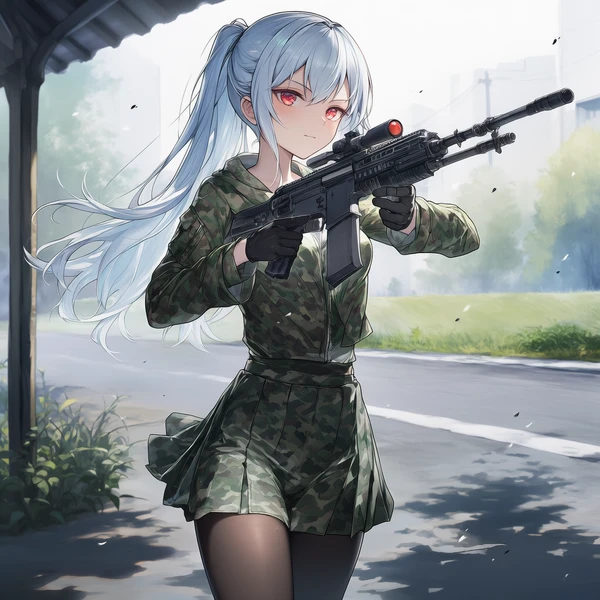 銃を持ち銃口を上に向ける美少女のAIイラスト