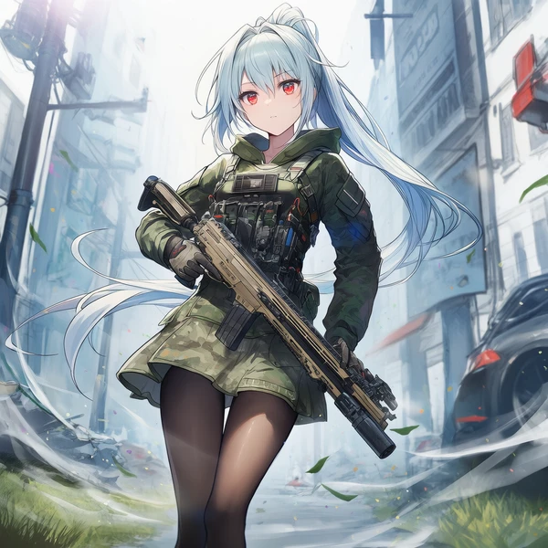 銃を持ち銃口を下に向ける美少女のAIイラスト