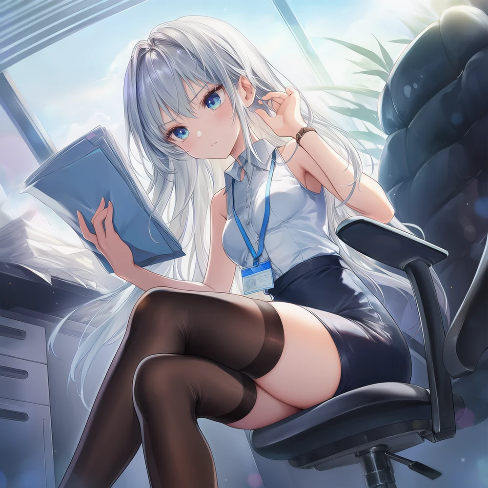 OLシャツ、タイトスカートと絶対領域のAI美少女イラスト|プロンプト紹介