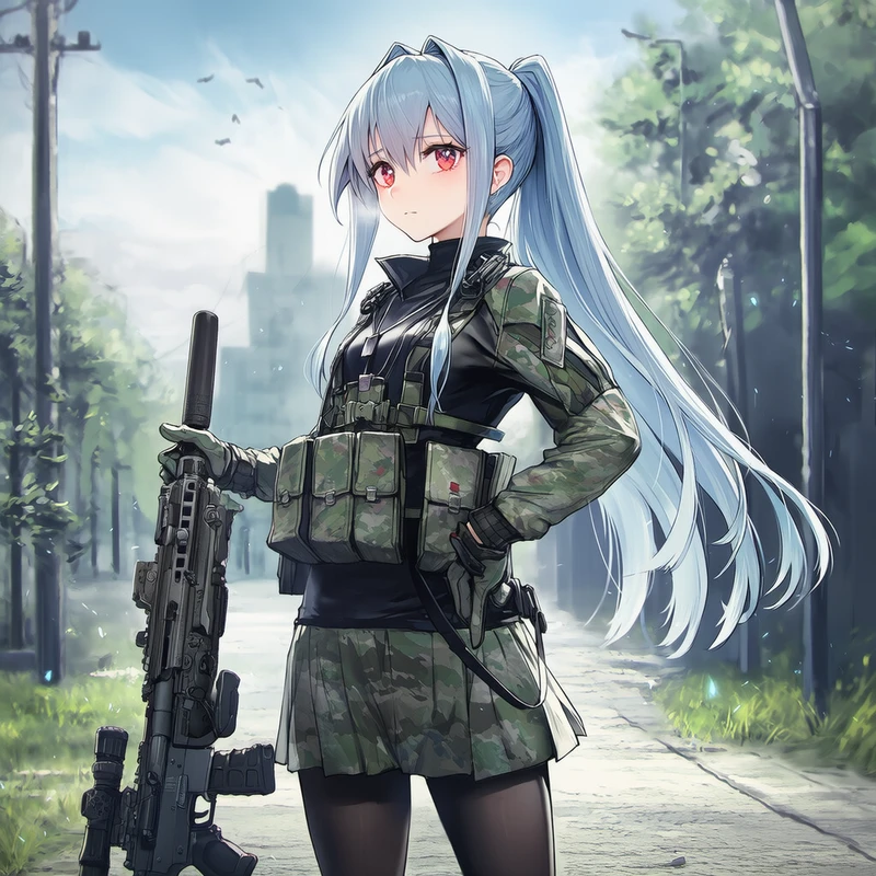 美少女が銃を地面に立てて支えるAIイラスト