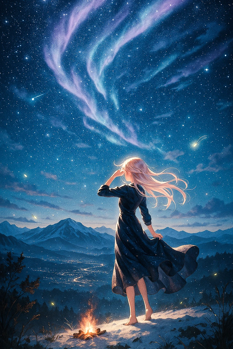 星屑＋紫と青緑のオーロラリボン｜AI作例とプロンプト紹介