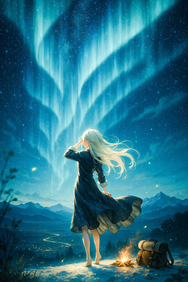 柔らかなオーロラの薄布と星空｜AI作例とプロンプト紹介