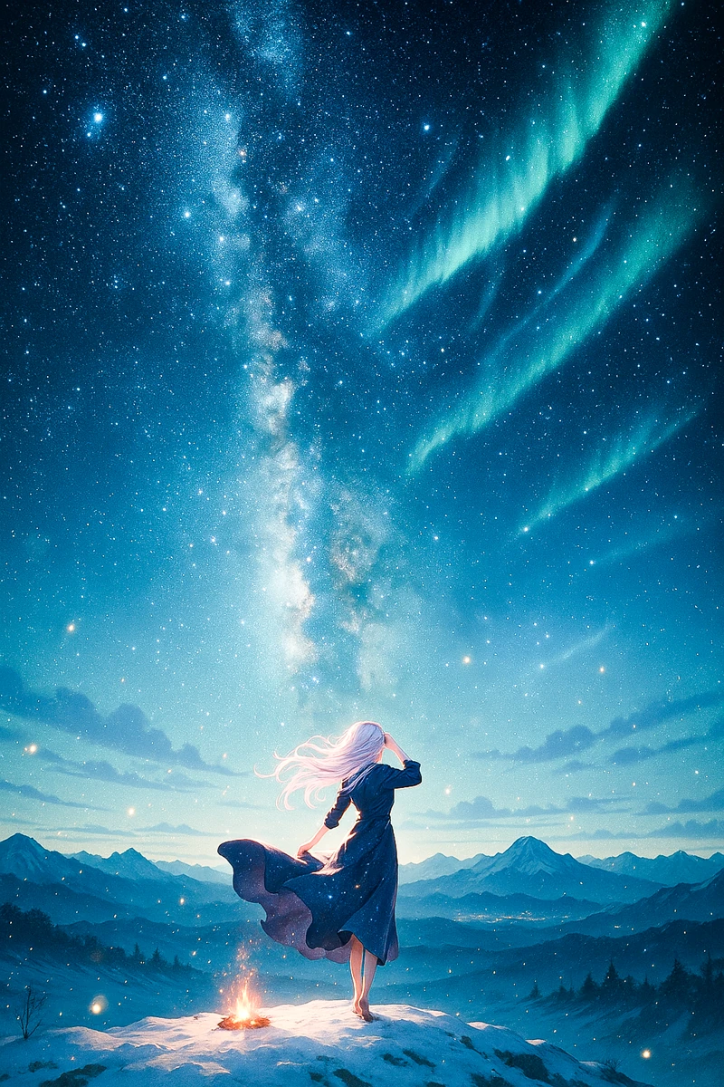 星空＋冷たい青緑のオーロラ｜AI作例とプロンプト紹介
