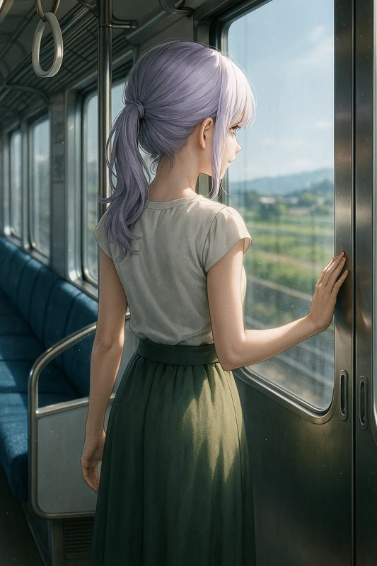 窓側に立って外を眺めるAIイラスト|プロンプト紹介