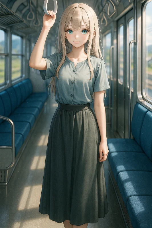 座席前の通路に立つAIイラスト|プロンプト紹介
