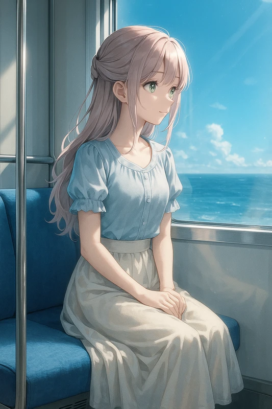 窓側の席に座るAIイラスト|電車内プロンプト紹介