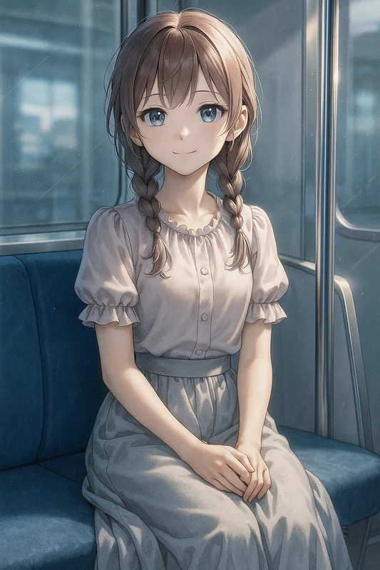 普通に座席に座るAIイラスト|電車内プロンプト紹介